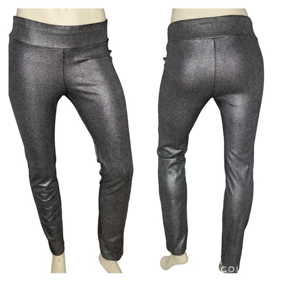 LENA GABRIELLE Black & Silver Metallic Pull On Wide Waistband Stretch Leggings,2 - Picture 1 of 11